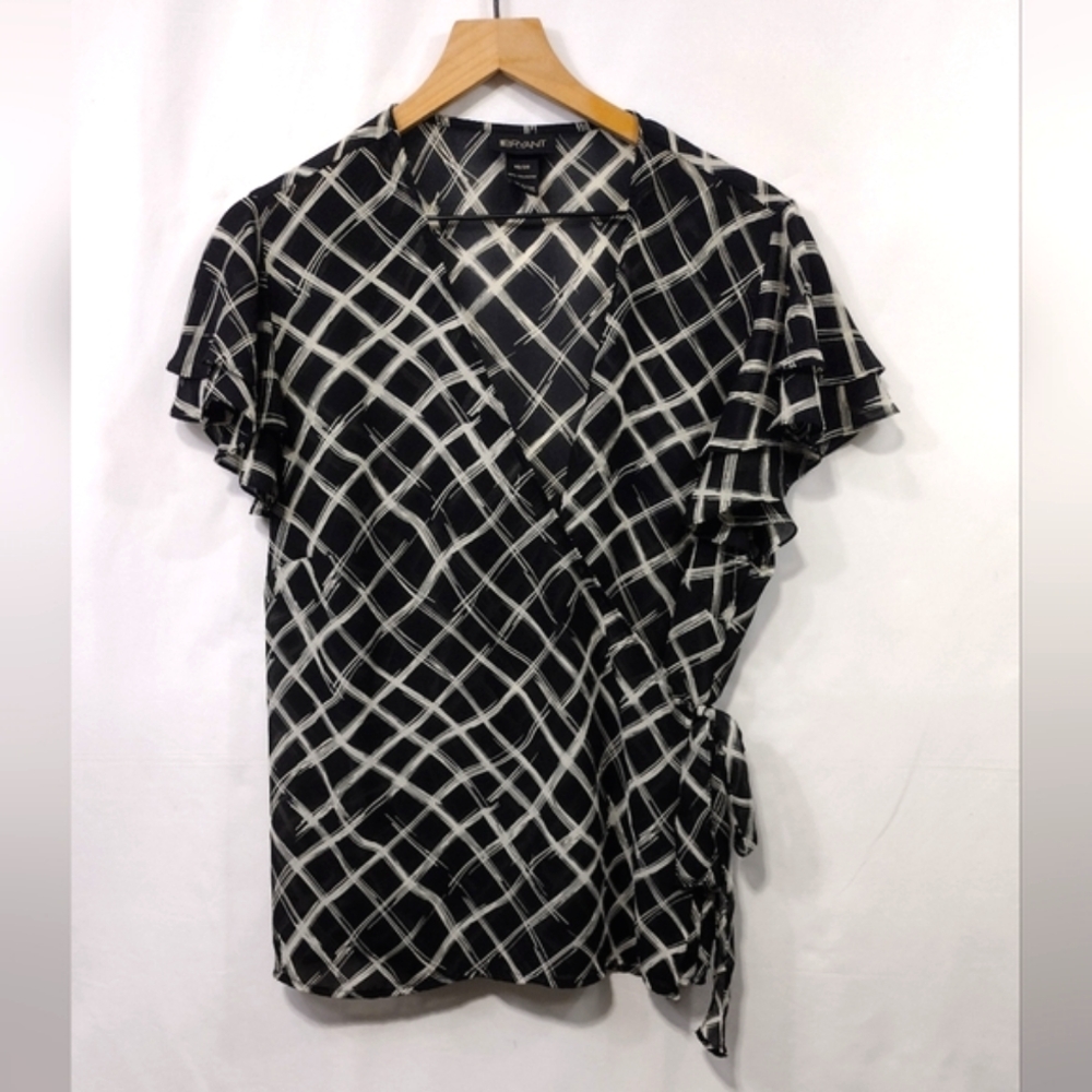 Lane Bryant Plaid Wrap Top Women's 18/20 Black White Artsy Boho Retro 90s Y2K